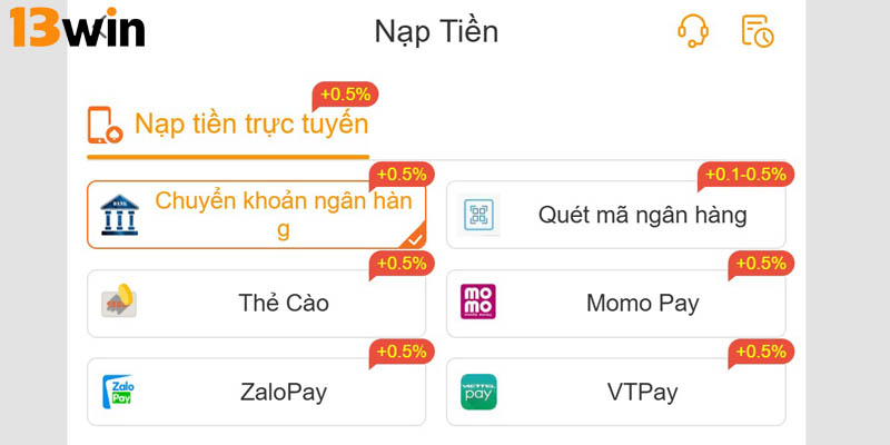 Cách nạp tiền 13Win qua chuyển khoản ngân hàng